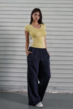 Low-Waist Retro Color-Block Wide-Leg Sports Cargo Pants for Sun Protection - 90s Inspired Fashion