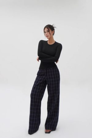 Low-Waist Vintage Blue Plaid Loose Casual Pants - Retro Y2K Style Trousers for Effortless Everyday Fashion