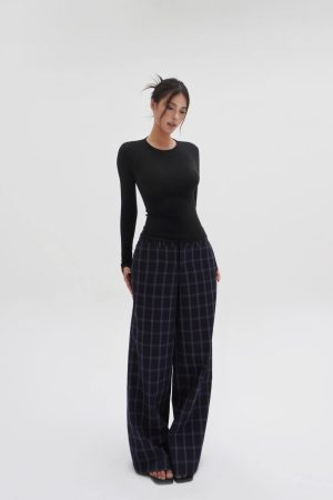 Low-Waist Vintage Blue Plaid Loose Casual Pants - Retro Y2K Style Trousers for Effortless Everyday Fashion