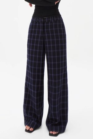 Low-Waist Vintage Blue Plaid Loose Casual Pants - Retro Y2K Style Trousers for Effortless Everyday Fashion