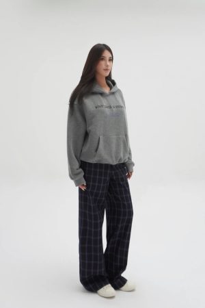 Low-Waist Vintage Blue Plaid Loose Casual Pants - Retro Y2K Style Trousers for Effortless Everyday Fashion