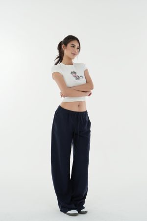 Low-Waist Vintage Tencel Linen Elastic Waist Straight-Leg Pants for Women - Retro 90s Inspired Style