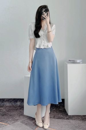 Luminous White Satin Summer Top for Women - V-Neck, Short Sleeves, Lace Trim, Pearl Buttons, Waist-Cinching French Style