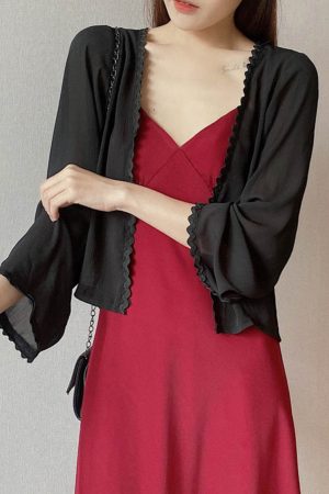 Lunar Crescent Lace Cardigan - Chiffon Sun Protection, Bell Sleeves, Draped Design, Slimming Short Jacket for Spring/Summer Women's Fashion