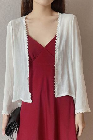 Lunar Crescent Lace Cardigan - Chiffon Sun Protection, Bell Sleeves, Draped Design, Slimming Short Jacket for Spring/Summer Women's Fashion