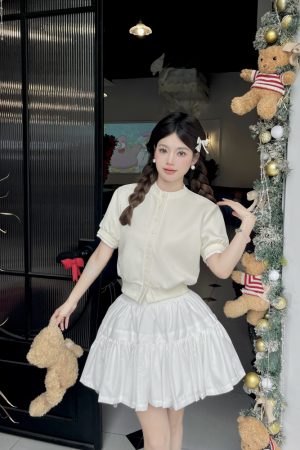 Luxury Thousand Gold Slimming Waist Contrast Color Fake Two-Piece Short Sleeve Cardigan Jacket with Puff Skirt for Women