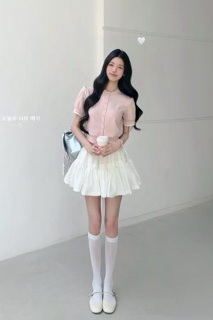 Luxury Thousand Gold Slimming Waist Contrast Color Fake Two-Piece Short Sleeve Cardigan Jacket with Puff Skirt for Women