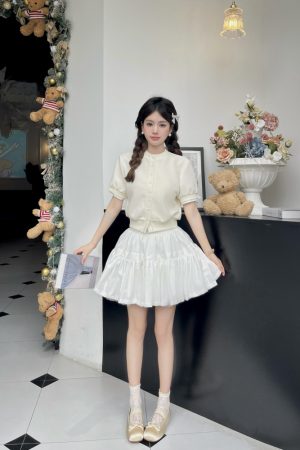 Luxury Thousand Gold Slimming Waist Contrast Color Fake Two-Piece Short Sleeve Cardigan Jacket with Puff Skirt for Women