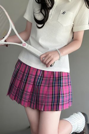 Magenta Women's College Style Plaid Skirt - Berry Pudding Bear JK Uniform Summer Short Skirt 2025, Cute Y2K Fashion