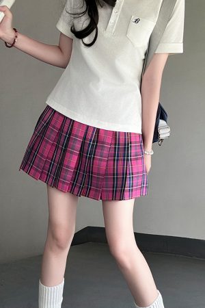 Magenta Women's College Style Plaid Skirt - Berry Pudding Bear JK Uniform Summer Short Skirt 2025, Cute Y2K Fashion