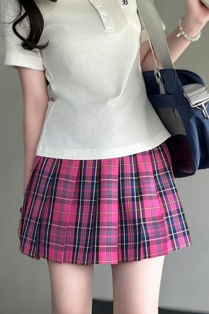 Magenta Women's College Style Plaid Skirt - Berry Pudding Bear JK Uniform Summer Short Skirt 2025, Cute Y2K Fashion