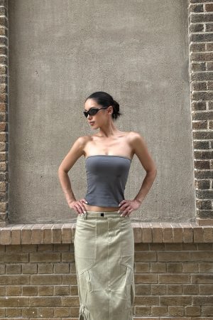 Matte Charcoal Gray Strapless Dress with Soft Stretch Fabric, Tight Fit, and Bust Support - Perfect for Y2K Style