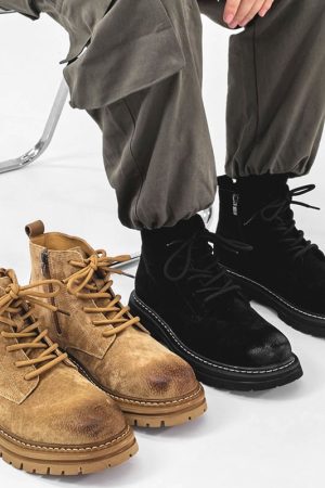 Men's American-Style Genuine Leather Martin Boots, Mid-Top Zipper Suede Hiking Boots, Versatile British-Style Thick-Soled Short Boots