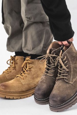 Men's American-Style Genuine Leather Martin Boots, Mid-Top Zipper Suede Hiking Boots, Versatile British-Style Thick-Soled Short Boots