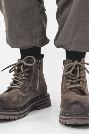 Men's American-Style Genuine Leather Martin Boots, Mid-Top Zipper Suede Hiking Boots, Versatile British-Style Thick-Soled Short Boots