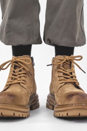 Men's American-Style Genuine Leather Martin Boots, Mid-Top Zipper Suede Hiking Boots, Versatile British-Style Thick-Soled Short Boots