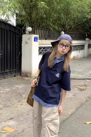 Men's and Women's Retro Plaid Splicing Polo Shirt - Summer College Style Loose Casual Short-Sleeve T-Shirt