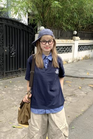 Men's and Women's Retro Plaid Splicing Polo Shirt - Summer College Style Loose Casual Short-Sleeve T-Shirt