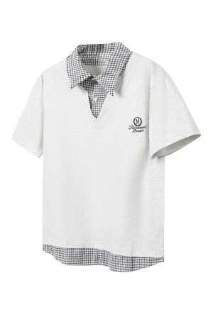 Men's and Women's Retro Plaid Splicing Polo Shirt - Summer College Style Loose Casual Short-Sleeve T-Shirt