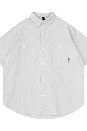 Men's and Women's Summer Japanese-Style Short Sleeve Shirt - Solid Color, Trendy Retro Button-Up for Street Style Fashion