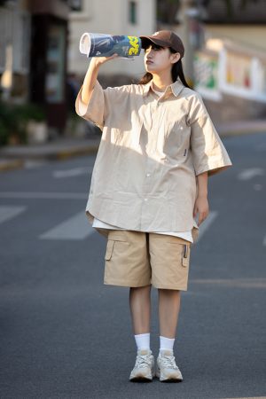 Men's and Women's Summer Japanese-Style Short Sleeve Shirt - Solid Color, Trendy Retro Button-Up for Street Style Fashion