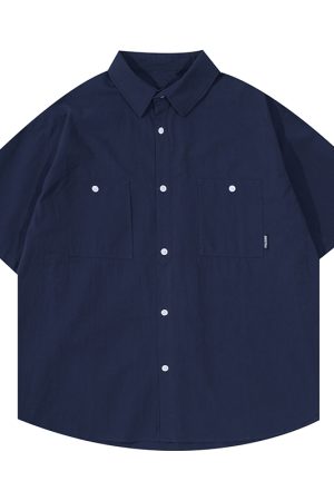 Men's and Women's Summer Japanese-Style Short Sleeve Shirt - Solid Color, Trendy Retro Button-Up for Street Style Fashion