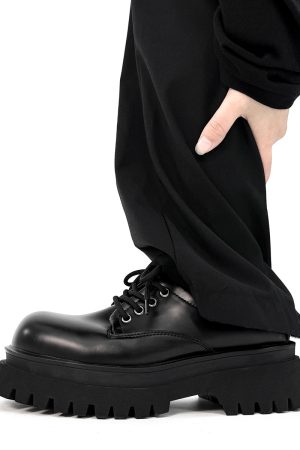 Men's Black Derby Shoes, Round Toe, Thick Sole, Genuine Leather, British Style, Commuter Footwear for Couples