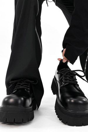 Men's Black Derby Shoes, Round Toe, Thick Sole, Genuine Leather, British Style, Commuter Footwear for Couples