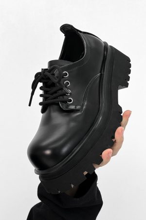 Men's Black Derby Shoes, Round Toe, Thick Sole, Genuine Leather, British Style, Commuter Footwear for Couples