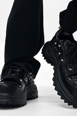 Men's Black Leather Derby Shoes, Trendy Punk Square-Toed Design, Thick-Soled Platform Dad Shoes, High-End Fashion Footwear