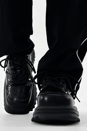 Men's Black Leather Derby Shoes, Trendy Punk Square-Toed Design, Thick-Soled Platform Dad Shoes, High-End Fashion Footwear