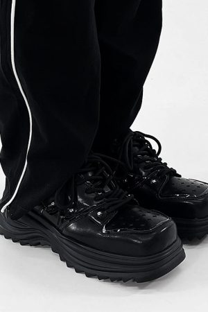 Men's Black Leather Derby Shoes, Trendy Punk Square-Toed Design, Thick-Soled Platform Dad Shoes, High-End Fashion Footwear