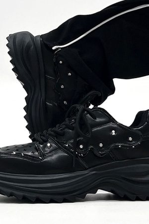 Men's Black Leather Derby Shoes, Trendy Punk Square-Toed Design, Thick-Soled Platform Dad Shoes, High-End Fashion Footwear