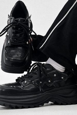 Men's Black Leather Derby Shoes, Trendy Punk Square-Toed Design, Thick-Soled Platform Dad Shoes, High-End Fashion Footwear