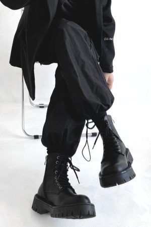 Men's Black Martin Boots - Cool Side Zipper Genuine Leather High-Top Motorcycle Work Boots, Thick-Soled European American Style