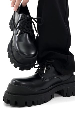 Men's Black Thick-Soled Derby Shoes, Cleanfit Leather, British Style Formal Footwear for Commuting, Classic Big-Toe Design