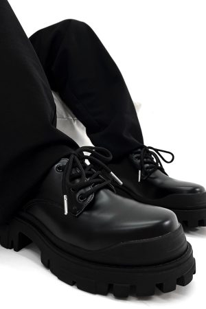 Men's Black Thick-Soled Derby Shoes, Cleanfit Leather, British Style Formal Footwear for Commuting, Classic Big-Toe Design