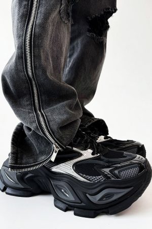 Men's Black Thick-Soled Warrior Dad Shoes - Height-Increasing Heterochromatic Cat-Eye Design, High Street Fashion, Trendy Couple Style