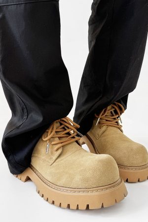 Men's Brown Martin Boots - Retro Mid-Top Work Shoes, Mickey Derby Style, Height-Increasing Suede, Trendy Yellow Accents