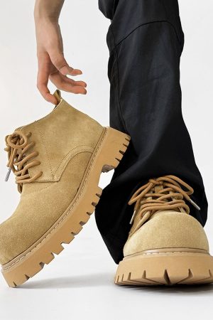 Men's Brown Martin Boots - Retro Mid-Top Work Shoes, Mickey Derby Style, Height-Increasing Suede, Trendy Yellow Accents