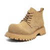 Men's Brown Martin Boots - Retro Mid-Top Work Shoes, Mickey Derby Style, Height-Increasing Suede, Trendy Yellow Accents