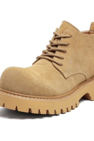 Men's Brown Martin Boots - Retro Mid-Top Work Shoes, Mickey Derby Style, Height-Increasing Suede, Trendy Yellow Accents