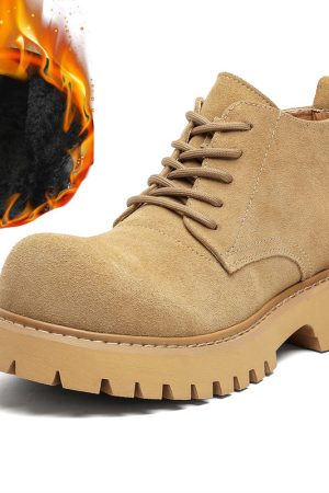 Men's Brown Martin Boots - Retro Mid-Top Work Shoes, Mickey Derby Style, Height-Increasing Suede, Trendy Yellow Accents