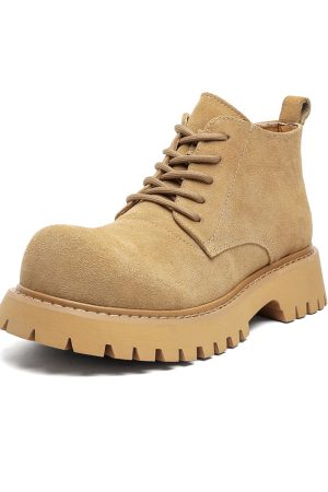 Men's Brown Martin Boots - Retro Mid-Top Work Shoes, Mickey Derby Style, Height-Increasing Suede, Trendy Yellow Accents