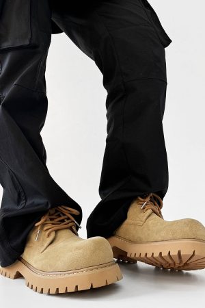 Men's Brown Martin Boots - Retro Mid-Top Work Shoes, Mickey Derby Style, Height-Increasing Suede, Trendy Yellow Accents