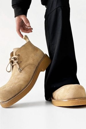 Men's Brown Suede Martin Boots - Round Toe British Style Work Boots for Winter, Big Head Design, Comfortable Derby Shoes