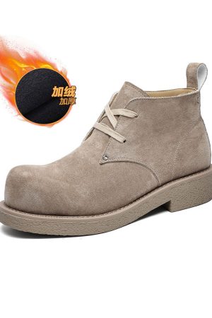Men's Brown Suede Martin Boots - Round Toe British Style Work Boots for Winter, Big Head Design, Comfortable Derby Shoes