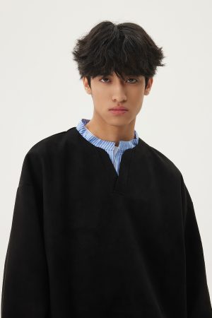 Men's Casual Long-Sleeve Henley T-Shirt, Striped Splicing, Versatile Two-Piece Top, Spring 2025 Fashion, Y2K Inspired