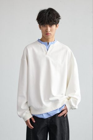 Men's Casual Long-Sleeve Henley T-Shirt, Striped Splicing, Versatile Two-Piece Top, Spring 2025 Fashion, Y2K Inspired