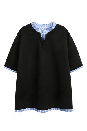 Men's Casual Long-Sleeve Henley T-Shirt, Striped Splicing, Versatile Two-Piece Top, Spring 2025 Fashion, Y2K Inspired